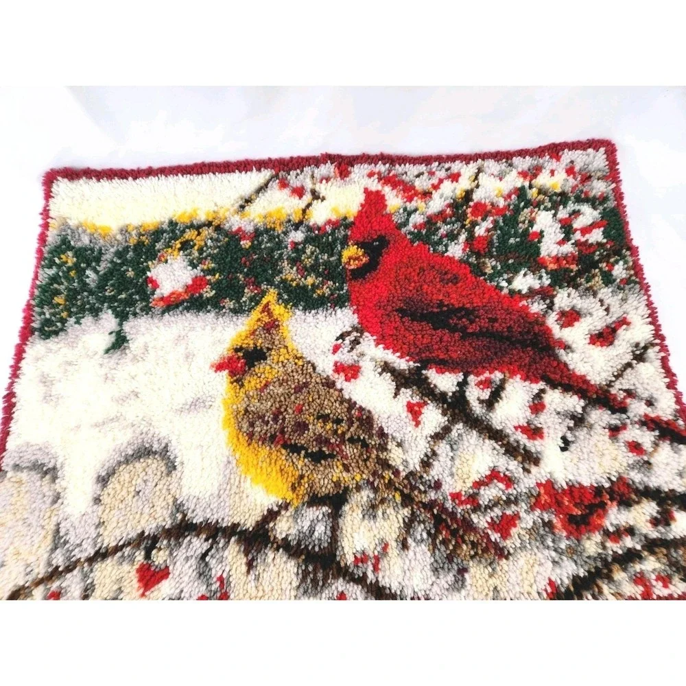 Vintage Cardinal Pair Finished Latch Hook Rug Kit Wall Hanging Birds Trees 37x27